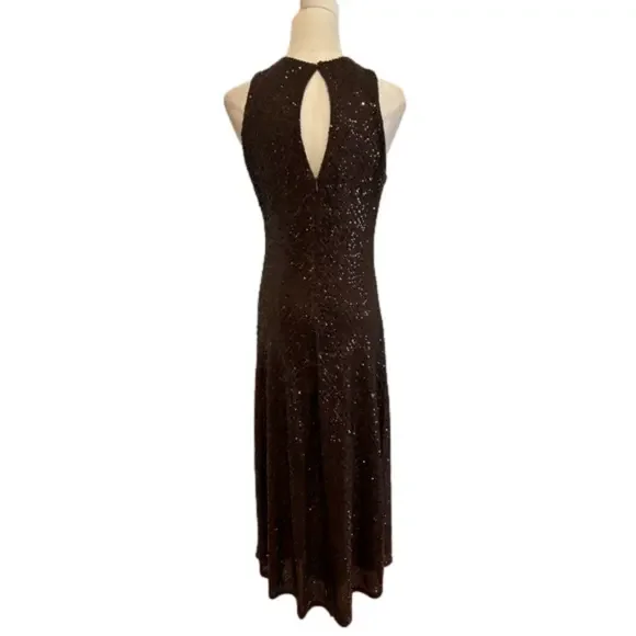 Y2K BROWN SEQUIN MAXI DRESS W KEYHOLE BACK GLAMOROUS GOWN MINIMALIST STYLE M - Picture 1 of 12